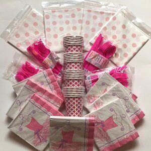 Pink Party Bundle, Pink, Purple & White, Napkins, Cups, Cutlery, Tablecovers